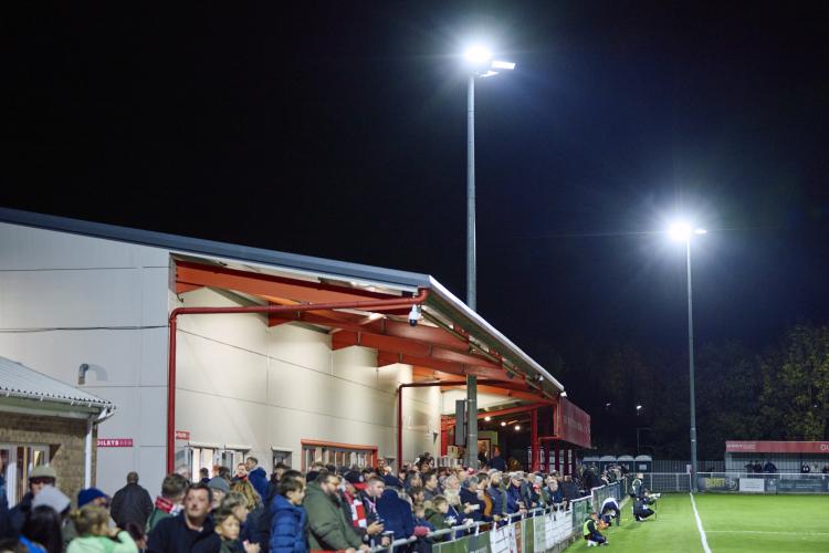 Brackley Town's new clubhouse under the lights during a National League Cup Fixture